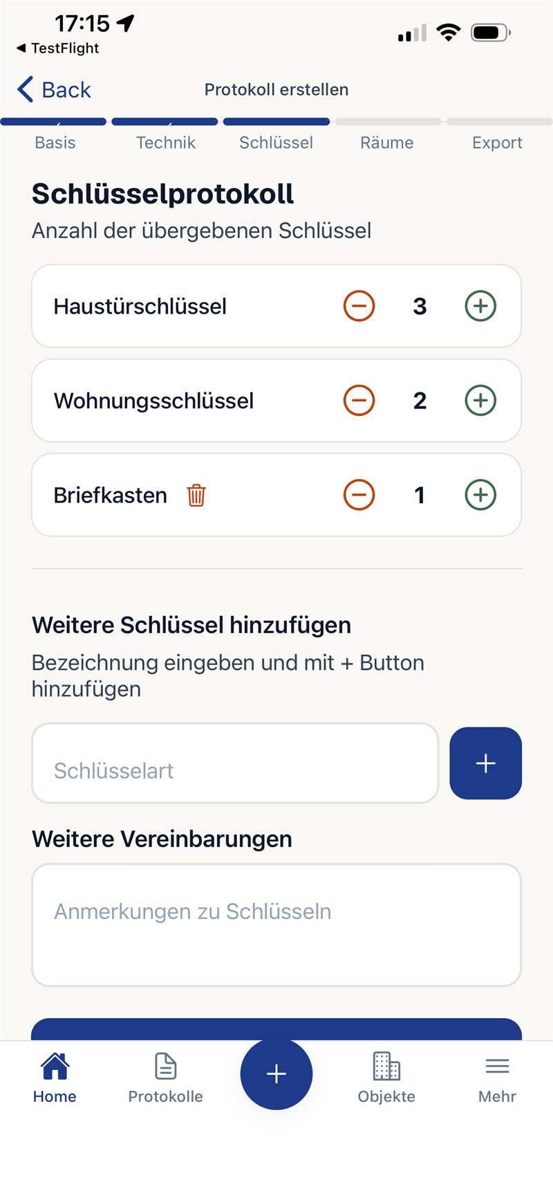 App-Screen: Schlüsselprotokoll — übergebene Schlüssel mit Anzahl dokumentieren