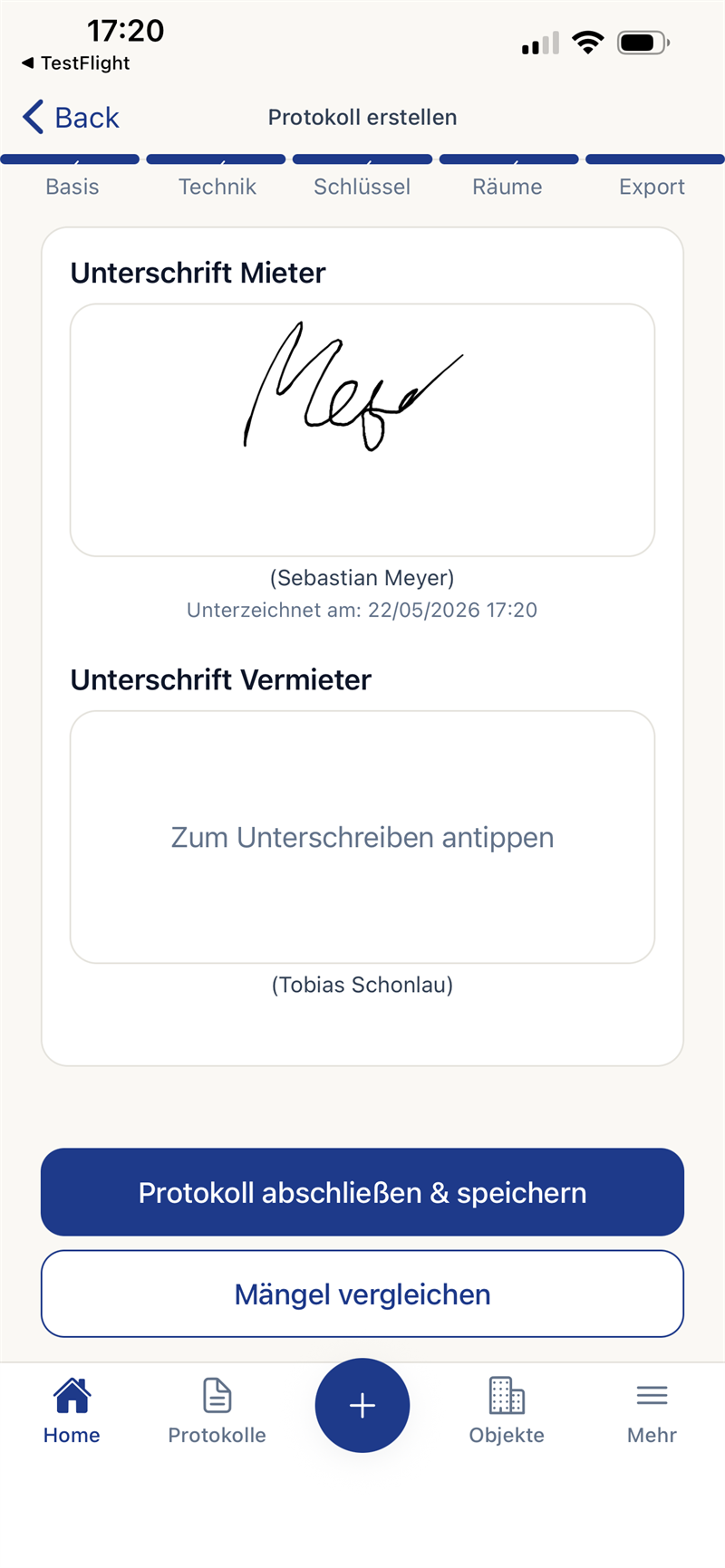 App-Screen: Digitale Unterschriften von Mieter und Vermieter