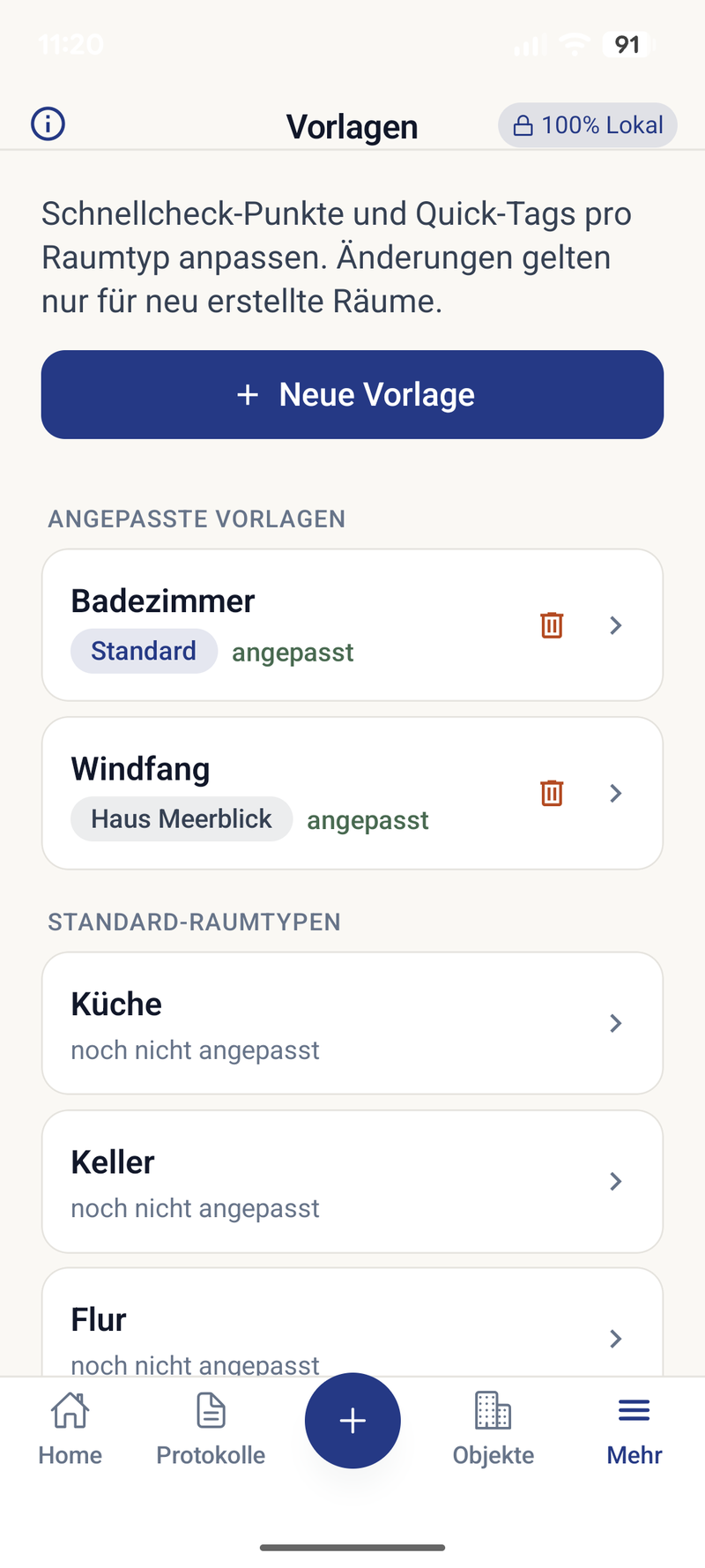 App-Screen: Vorlagen — Prüfpunkte und Quick-Tags eines Raumtyps anpassen, eigene Räume anlegen und pro Objekt zuordnen