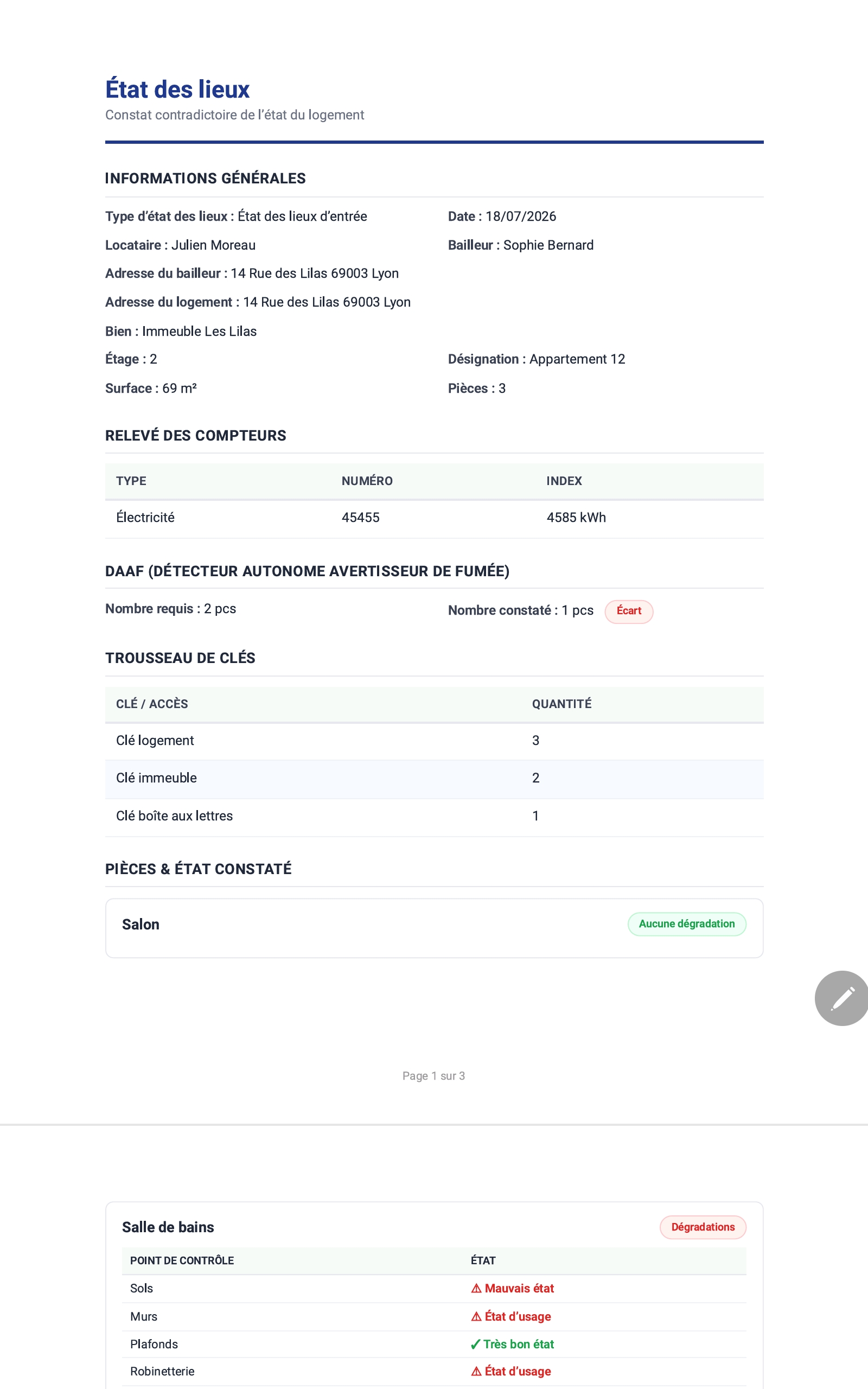État des lieux PDF terminé avec données de base, relevés de compteurs, détecteurs de fumée et clés
