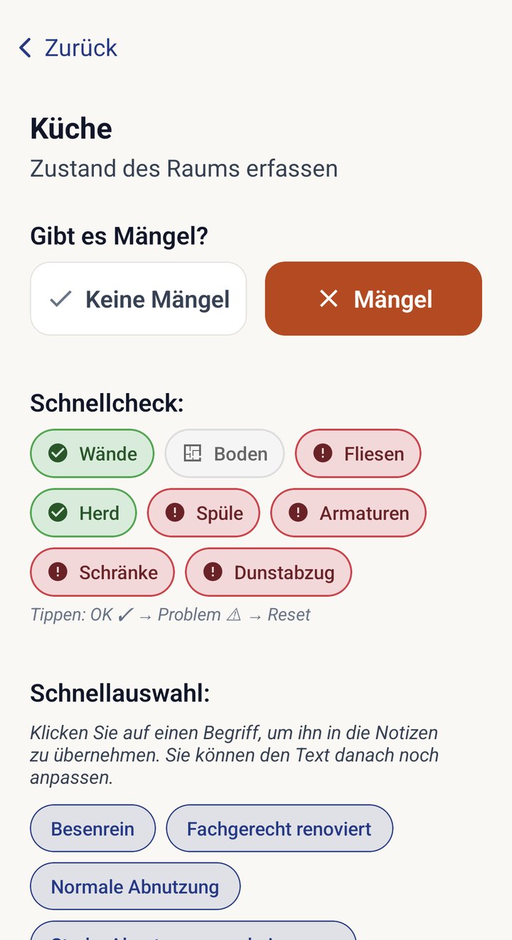 Raum auf „Mängel“ gestellt, mehrere Prüfpunkte im Schnellcheck als Problem markiert