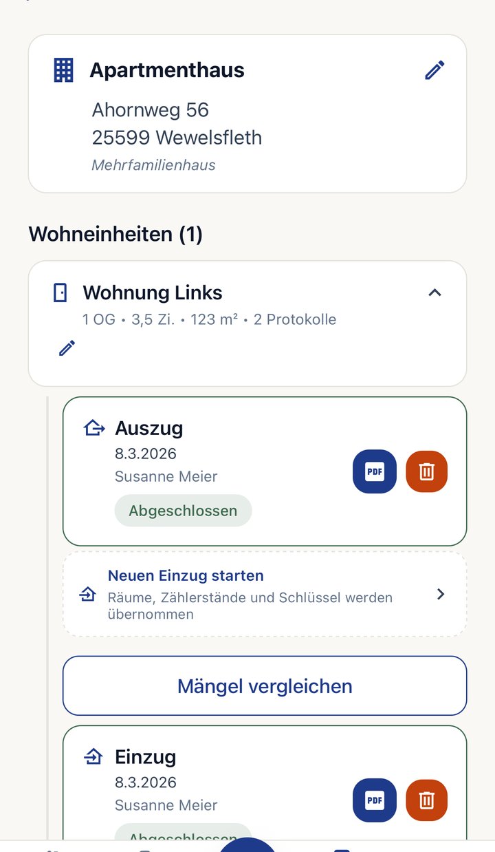Objekt-Detail mit Wohneinheit, verknüpftem Auszug und Einzug und „Mängel vergleichen“