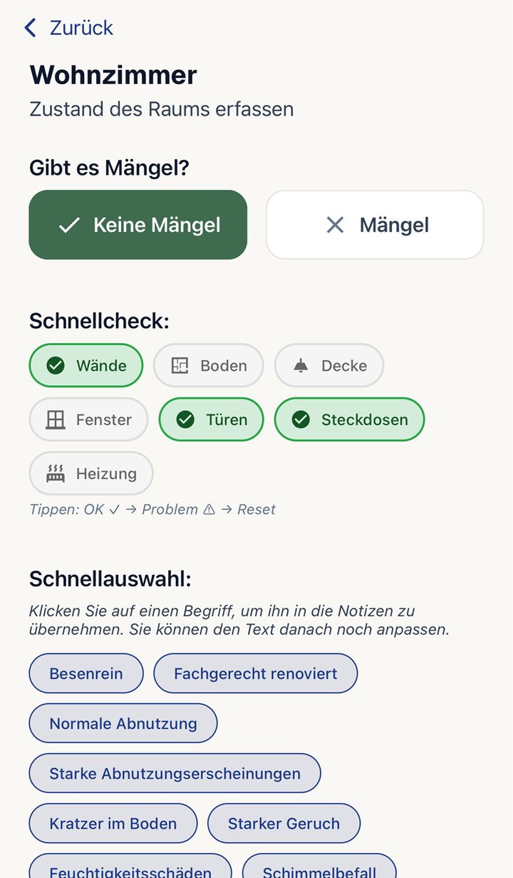 Prüfpunkte eines Raums per Schnellcheck als OK oder Problem bewerten