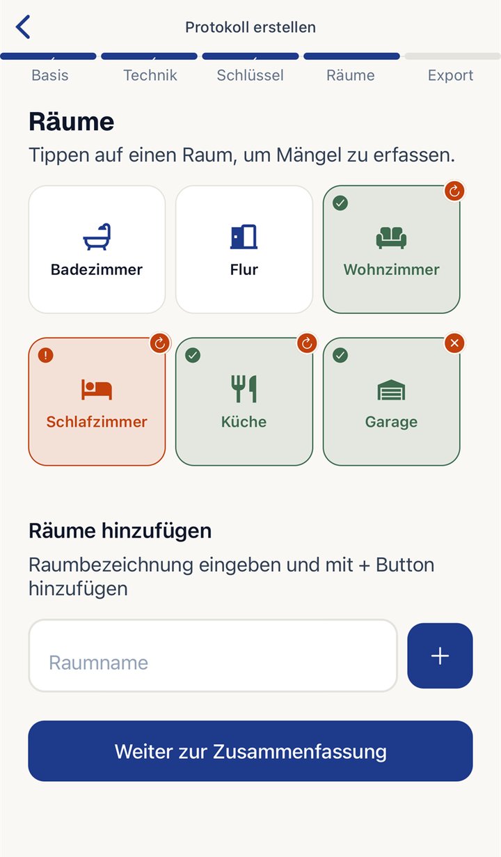 WohnungsCheck: Raumübersicht mit Räumen und ihrem Status