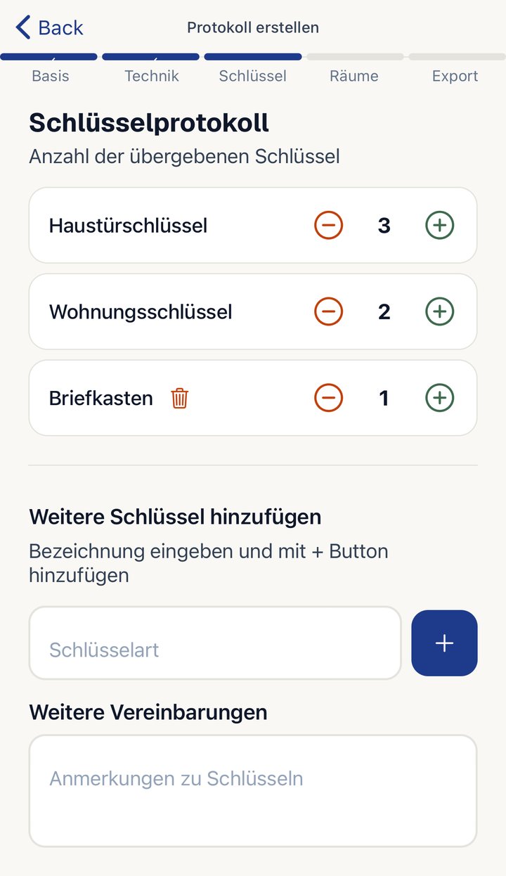 Schlüsselprotokoll mit Anzahl je Schlüsselart und Feld für weitere Schlüssel