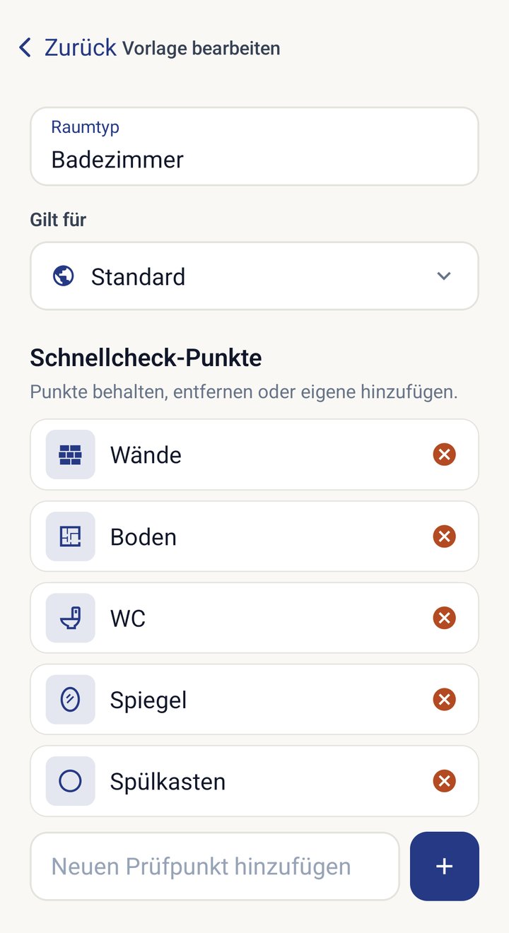 Vorlage bearbeiten: Schnellcheck-Punkte behalten, entfernen oder eigene hinzufügen
