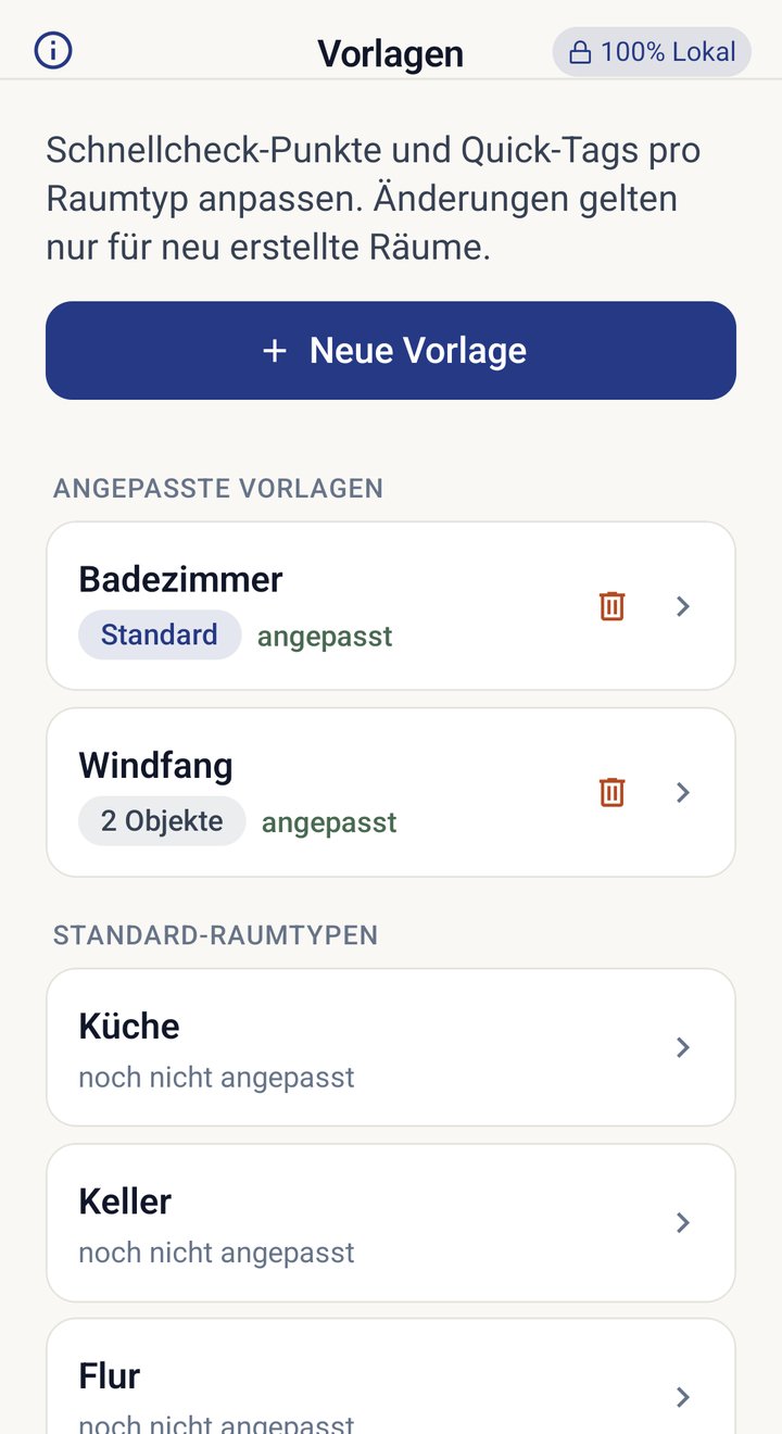 Vorlagen-Übersicht mit angepassten Vorlagen und Standard-Raumtypen